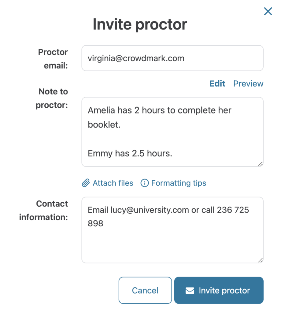 Invite proctor message