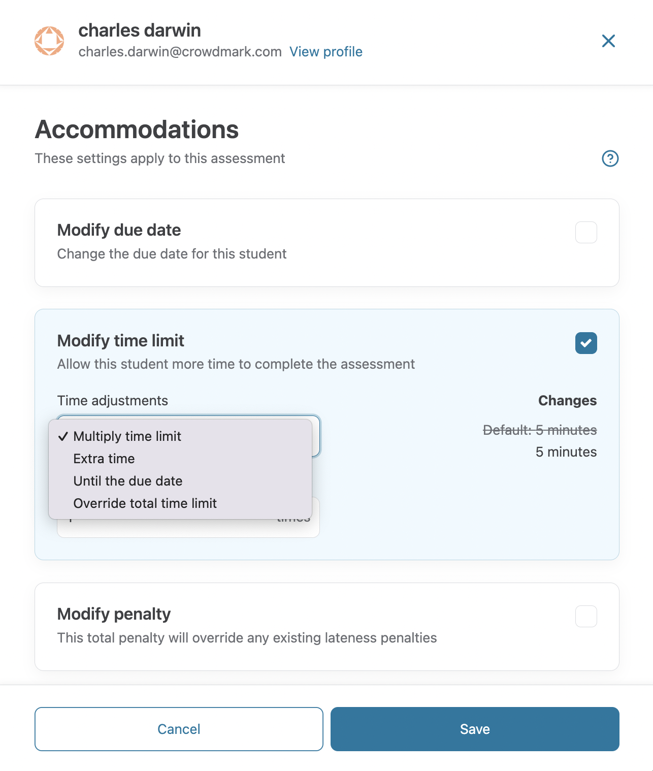 Accommodations panel open with modify time limit selected.