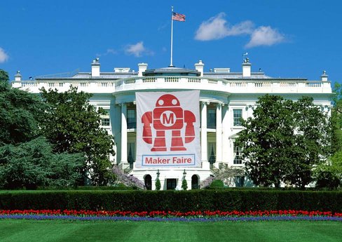 Flag on White House with Maker Faire logo (a convention for DIY enthusiasts).