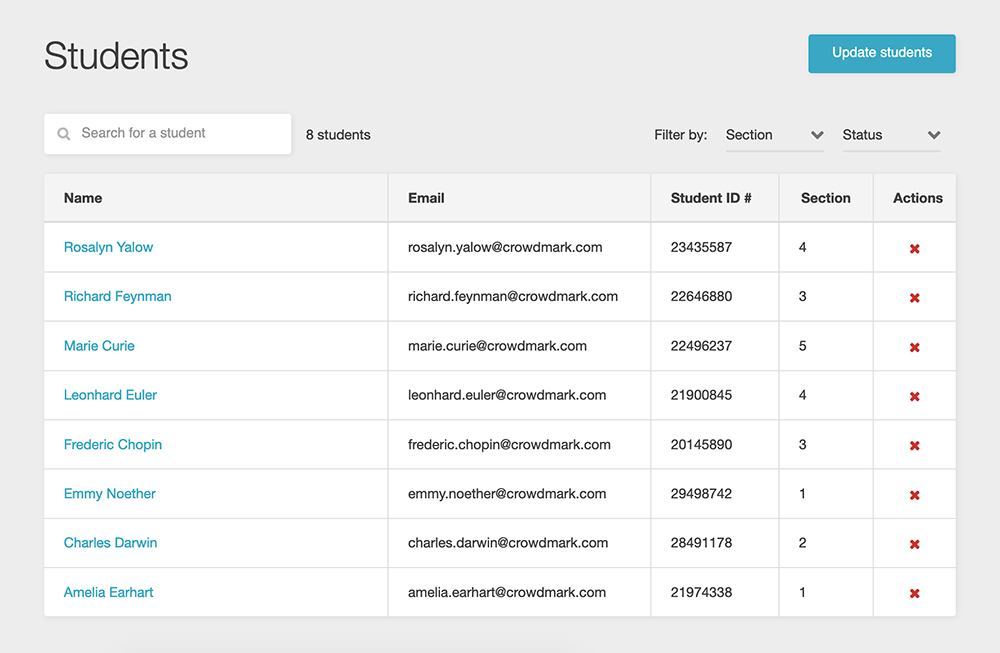 Image of new feature showcasing a list of student names, emails, ID, section and action settings in Crowdmark.