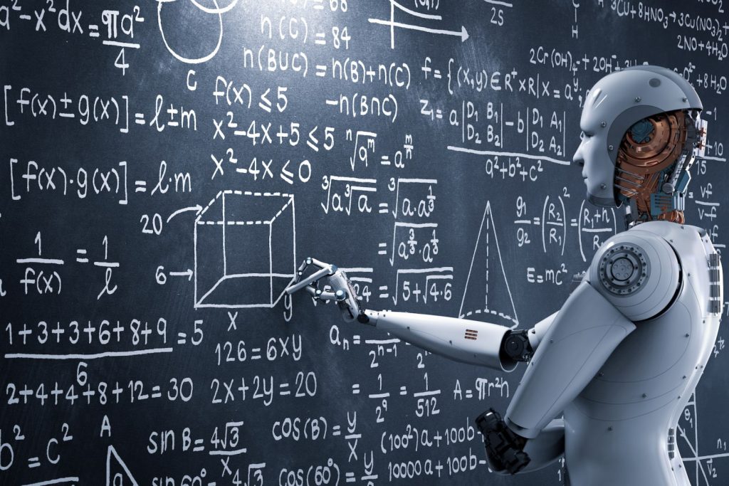 robot working on math problems at a chalkboard