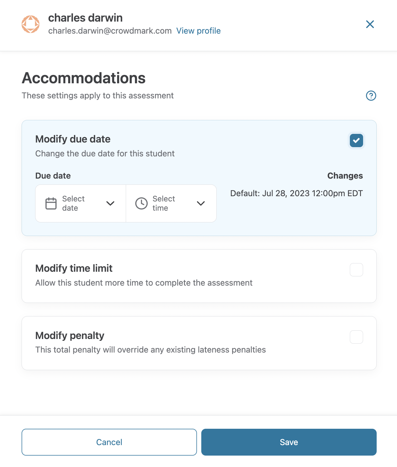 Accommodations panel open with modify due date selected.