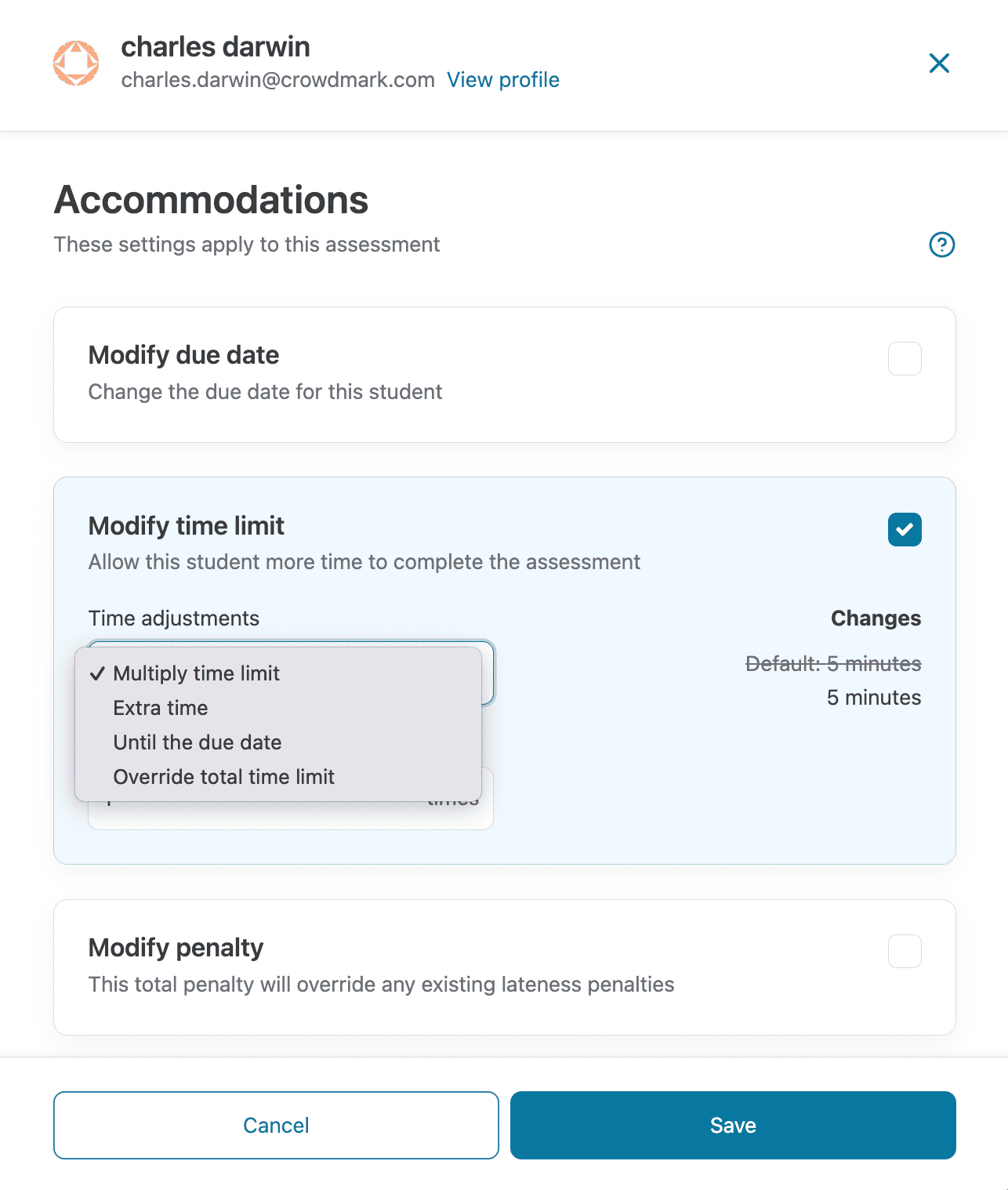 Accommodations panel open with modify time limit selected.