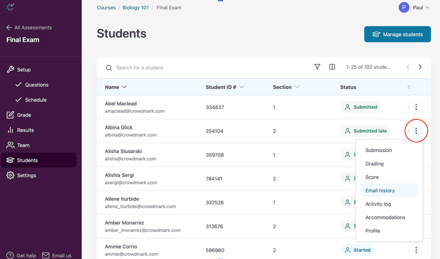 Student menu open with 'Email history' selected.