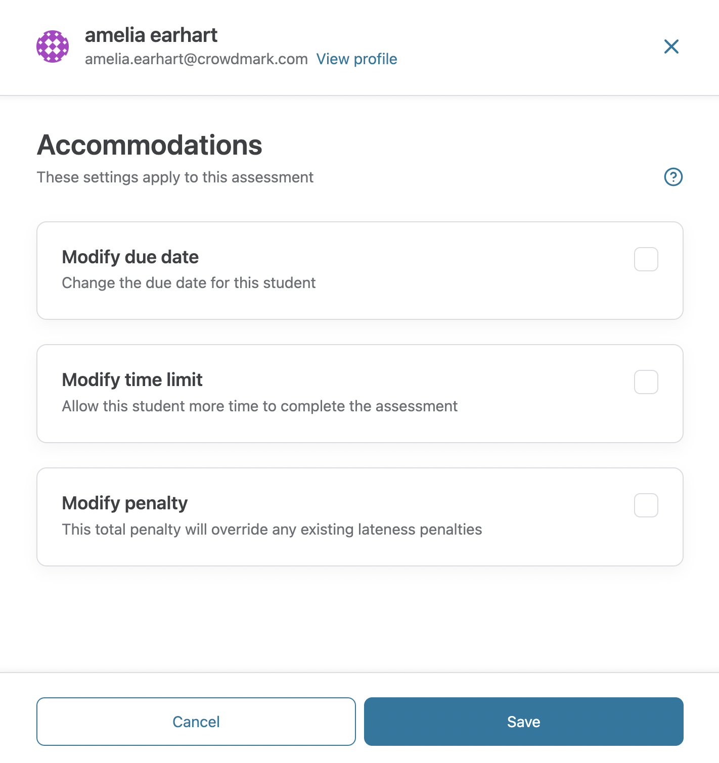 Accommodations panel open with no accommodations set.