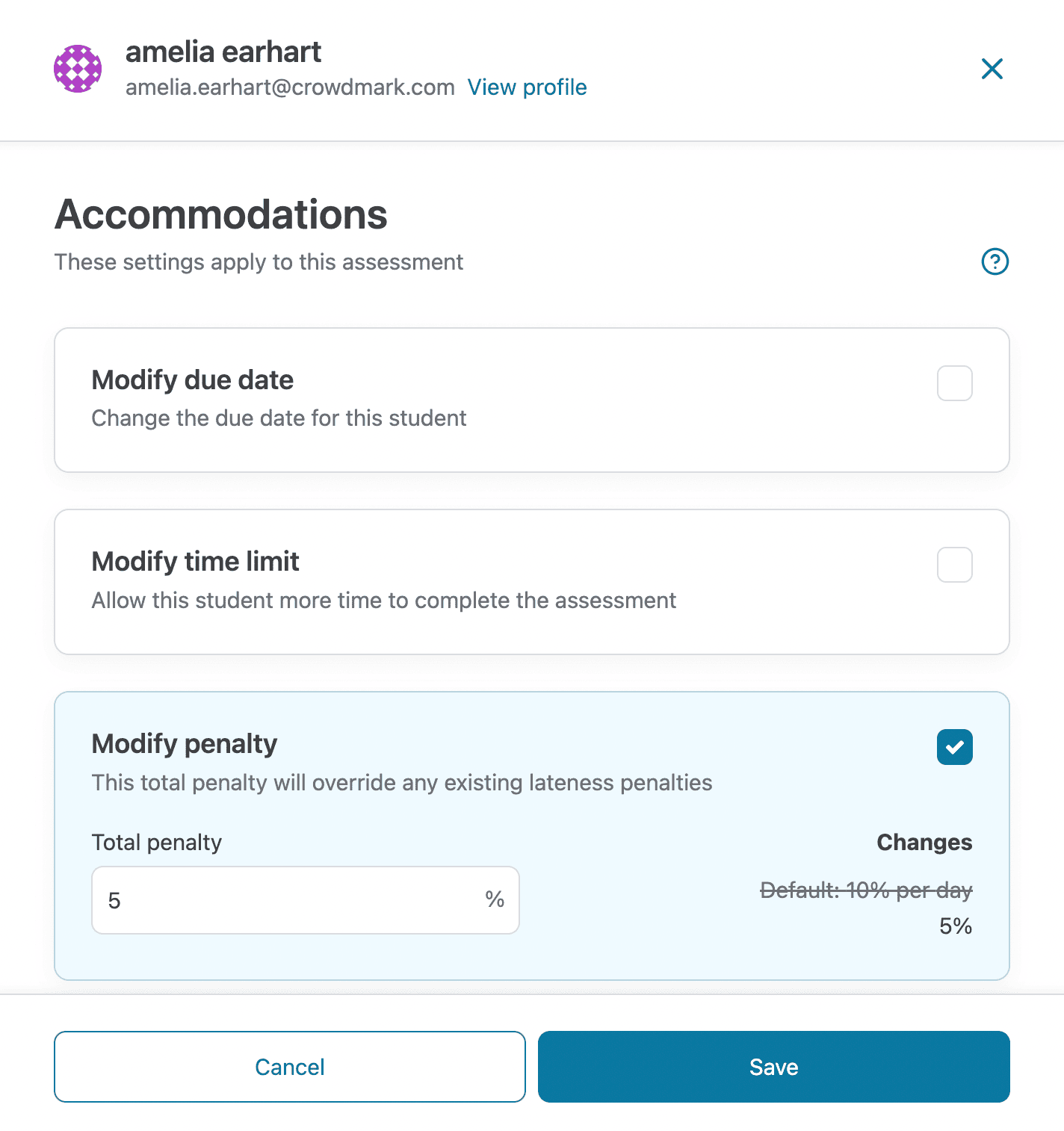 Accommodations panel open with modify penalty selected.