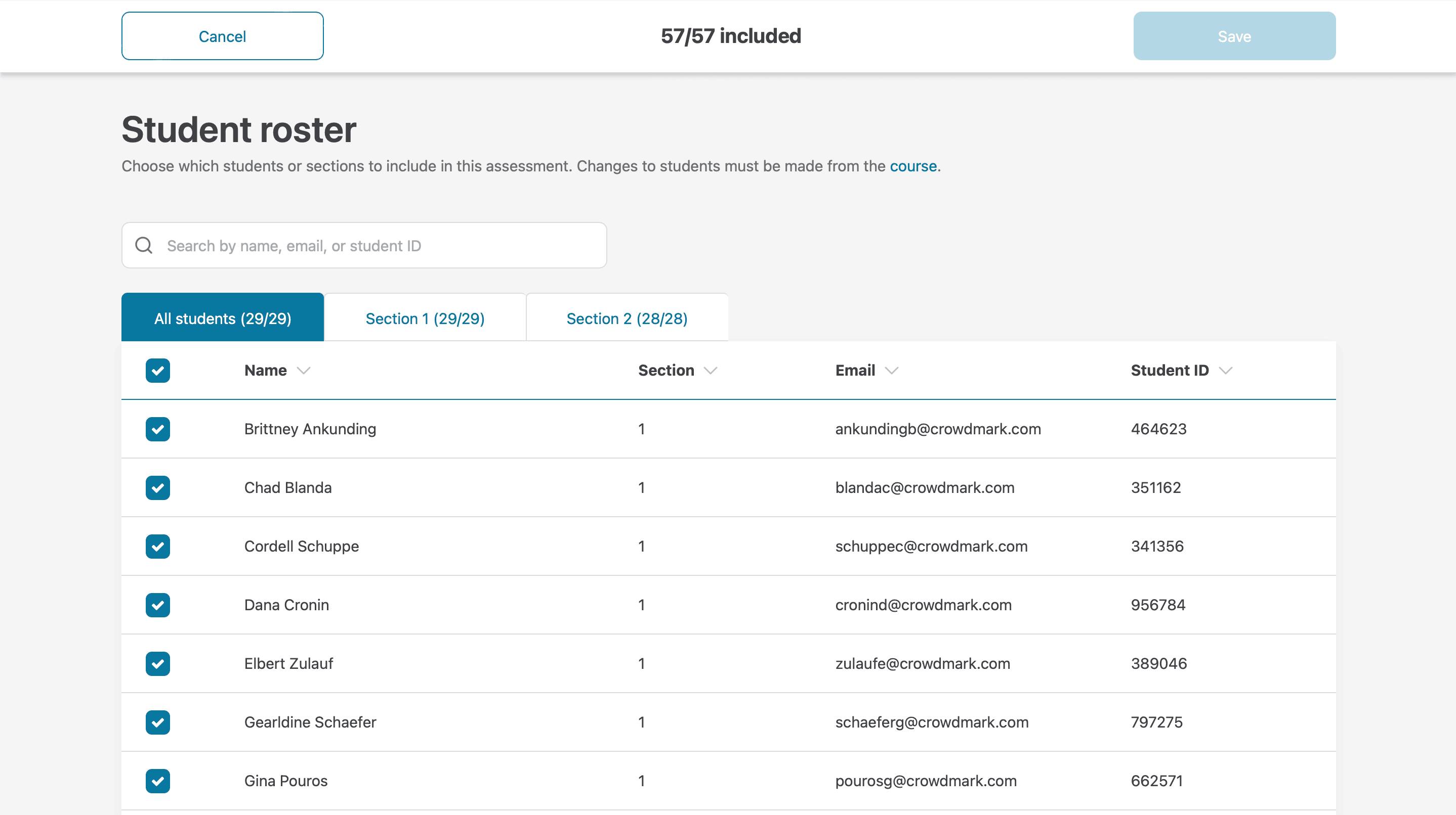 The student roster tool opened to show which students are included in the assessment.