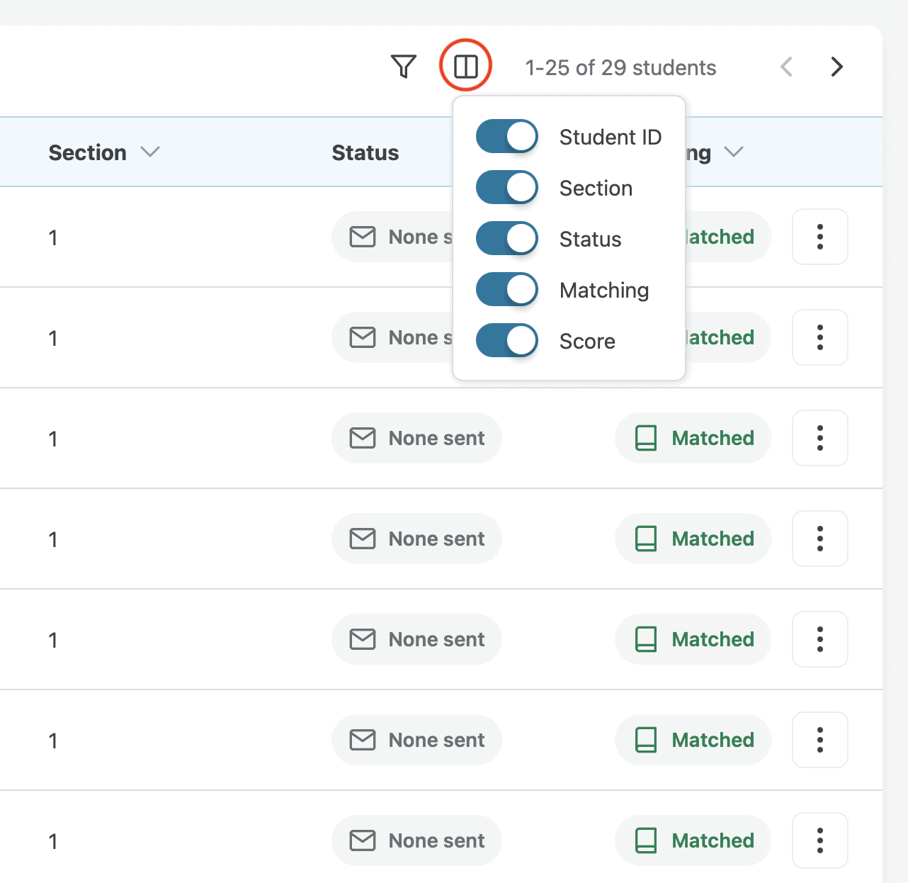 Column view menu expanded to show all available columns.