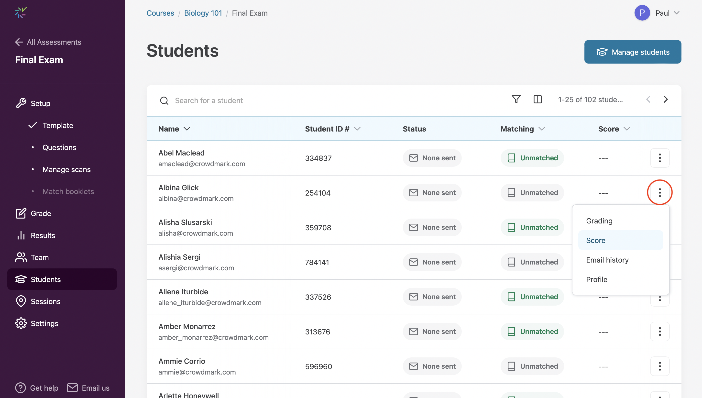 The student menu makes it easy to find any actions related to a student.