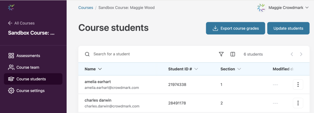 The image shows the Course students page of a Crowdmark course